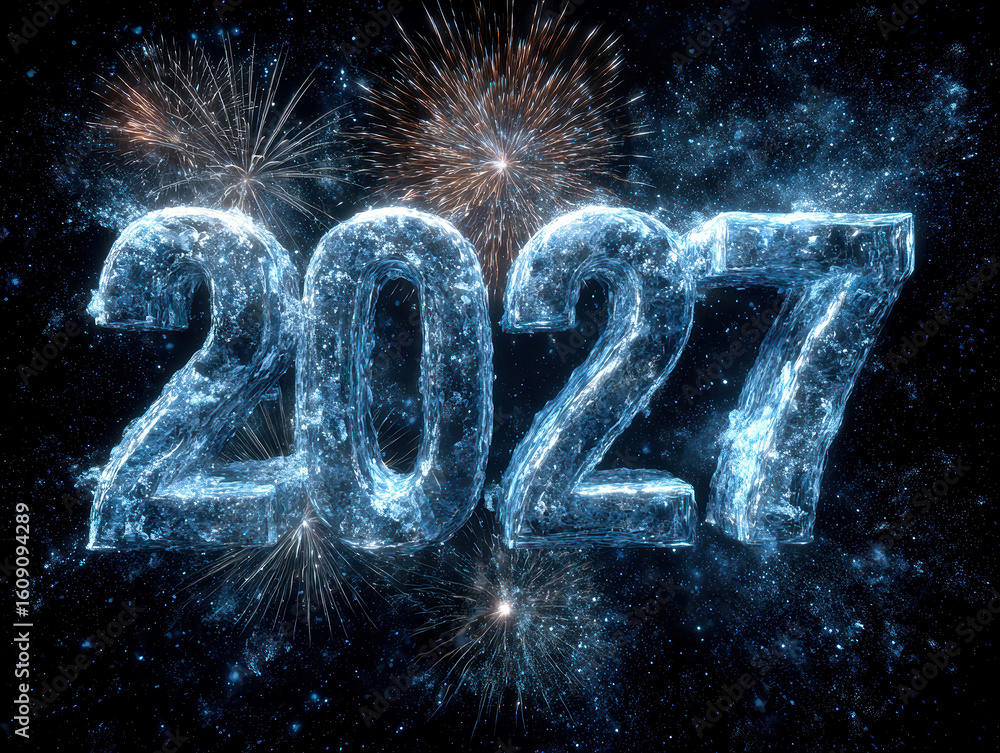 Poster a digital artwork depicts the number 2027 glowing against a frosty blue and silver backdrop, surroun