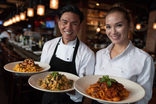 Smiling chefs presenting delicious plates of pasta dishes in a warmly lit restaurant setting