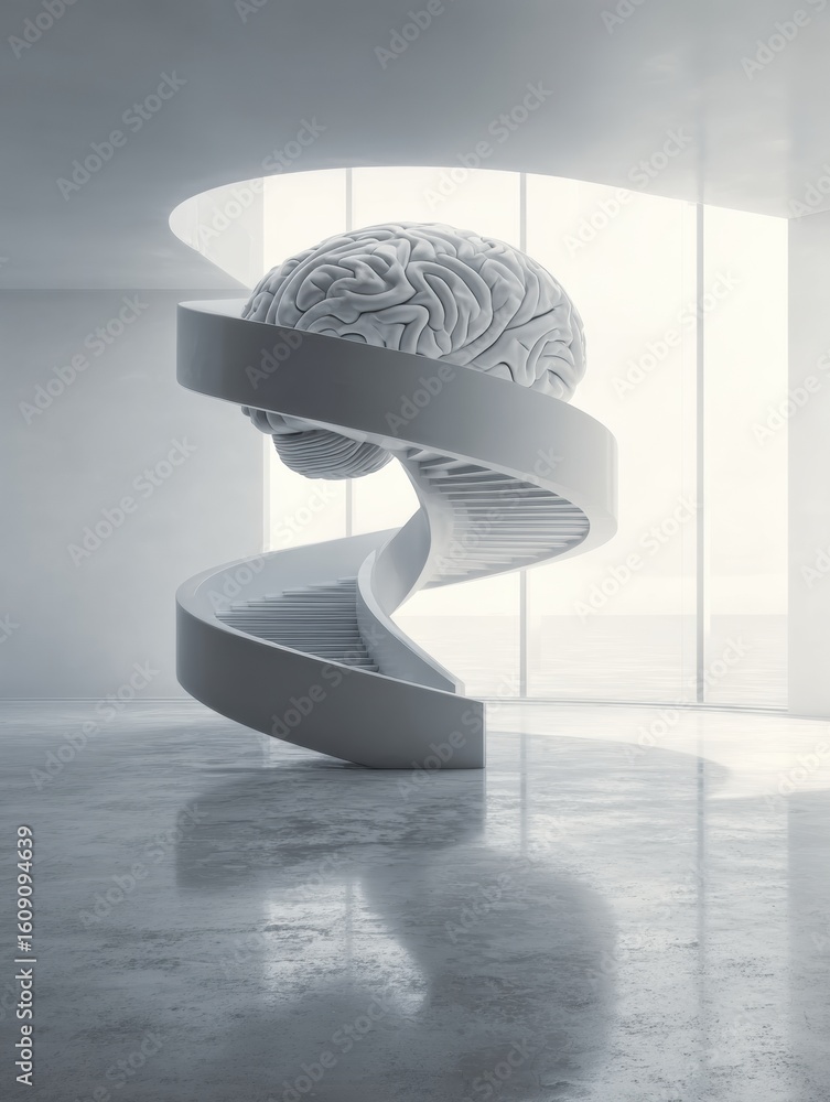 Aufkleber abstract staircase spirals upward into a brain structure, showcasing an imaginative interplay betwee