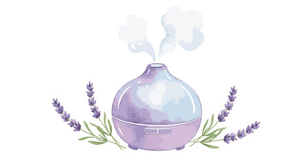 A watercolor-style aroma diffuser releasing steam, surrounded by lavender sprigs.
