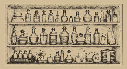 Various old bottles and jars displayed on a wooden shelf.