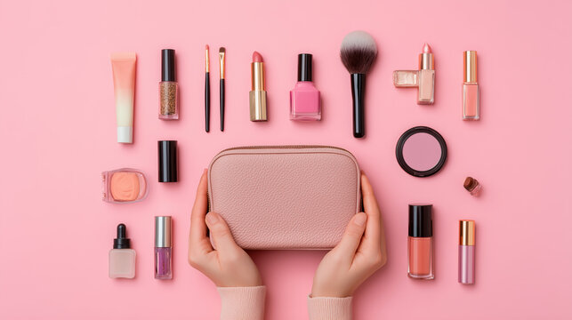 Top view of woman&rsquo;s hands displaying a makeup pouch with assorted beauty products, styled over a pastel pink surface for a fresh and feminine aesthetic.

