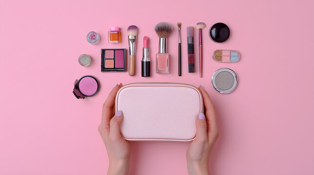 Stylish layout with hands presenting beauty products in a makeup bag on pink background, highlighting self-care, glamour, and modern femininity.

