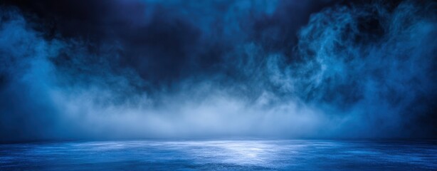 The atmospheric blue fog creating a serene and mystical landscape backdrop.