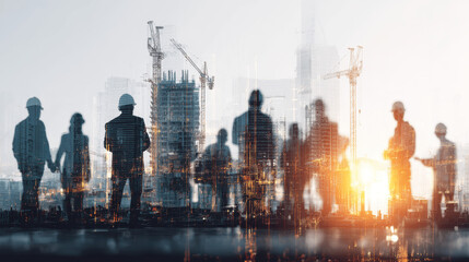 Construction Team Silhouettes with City Background Double Exposure