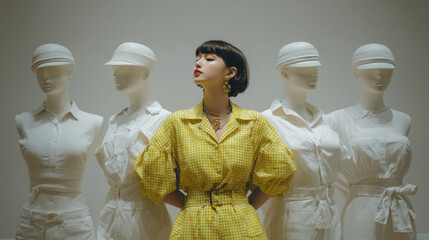 Fashionable Woman in Yellow Gingham Dress with Mannequins