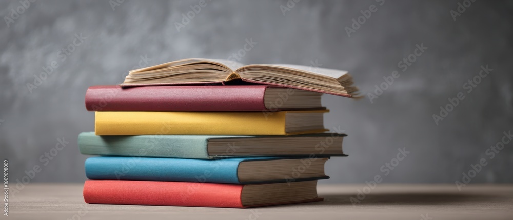 Poster the colorful stack of books with an open volume on top
