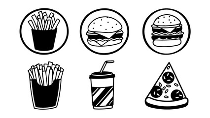 Web-friendly outline icons of food court favorites—pizza, burgers, fries, drinks—neatly arranged on white background.
