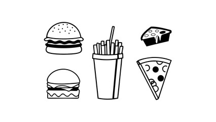Outline icon set of burgers, fries, drinks, and pizza, perfect for food court or web use, isolated on white background.