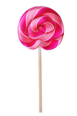 Pink spiral candy caramel lollypop on a white isolated background