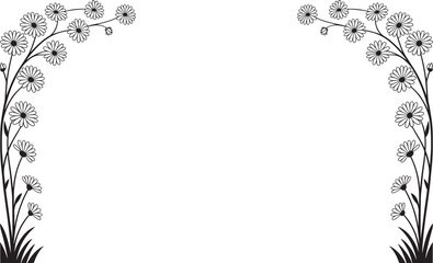 Black and white floral border with daisy like flowers and grass vector