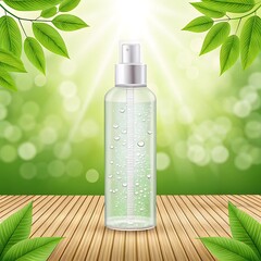 Transparent Skincare Bottle with Bubbles and Aloe Vera Leaves on Bamboo Mat – Natural Beauty and Wellness Concept