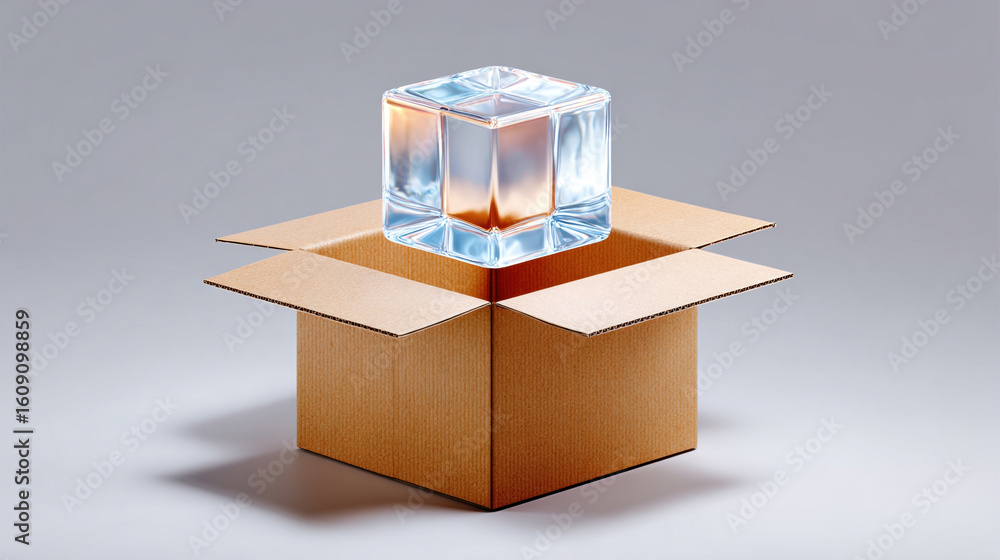 Poster transparent cube resembling ice sits inside cardboard box, creating striking contrast between cool, 
