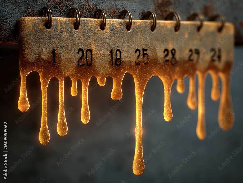 Poster detailed 3d rendering of a weathered metallic surface with multiple drips, resembling honey or syrup