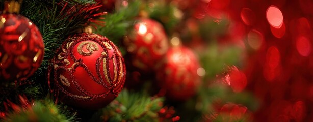 The vibrant red Christmas ornaments glimmer beautifully against festive greenery