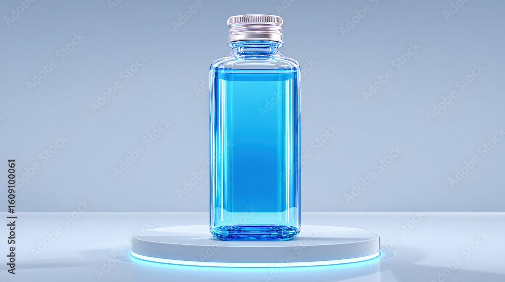 Poster transparent bottle filled with blue liquid stands on circular platform, illuminated by soft glow. sl