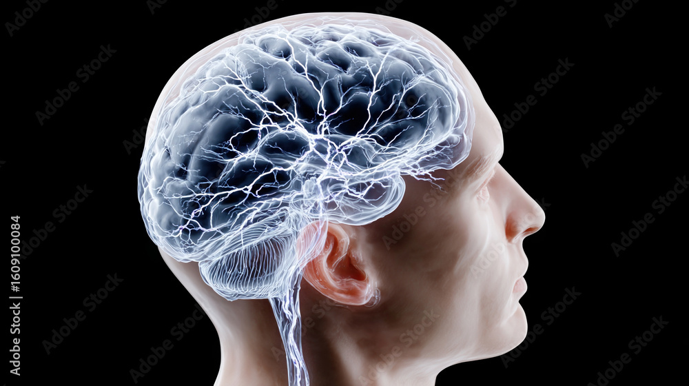 Poster transparent head showcases detailed brain with visible neuron sparks, illustrating complexity of hum