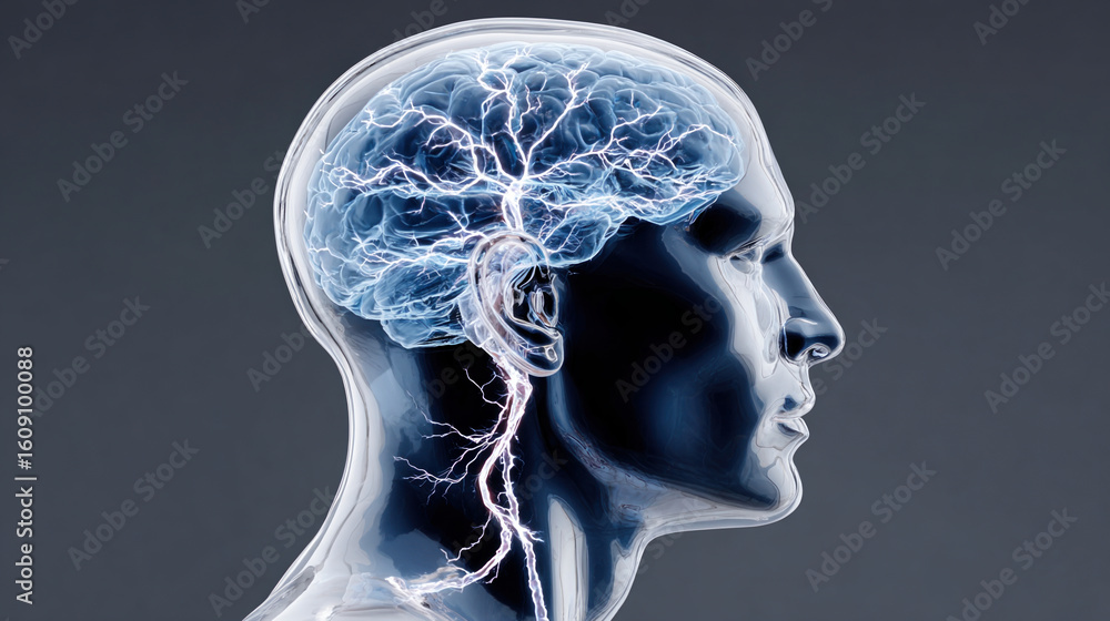 Poster transparent head showcases detailed brain with visible neuron sparks, illustrating complexity of hum