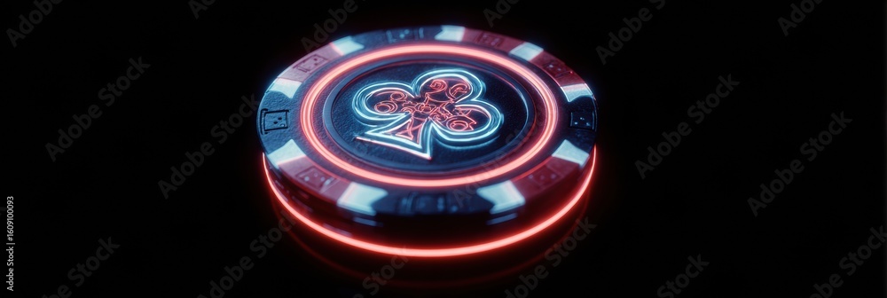 Poster rotating 3d neon poker chip showcasing vibrant colors over a dark background in a mesmerizing displa