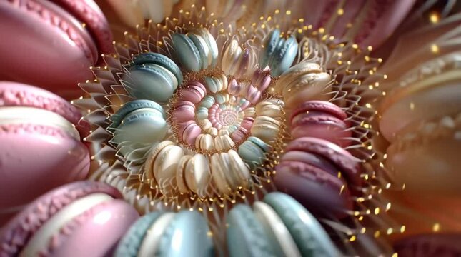 pastel-colored macarons rotating in a symmetrical geometric pattern, forming mandala-like spirals, soft shadows and gentle highlights, high gloss textures