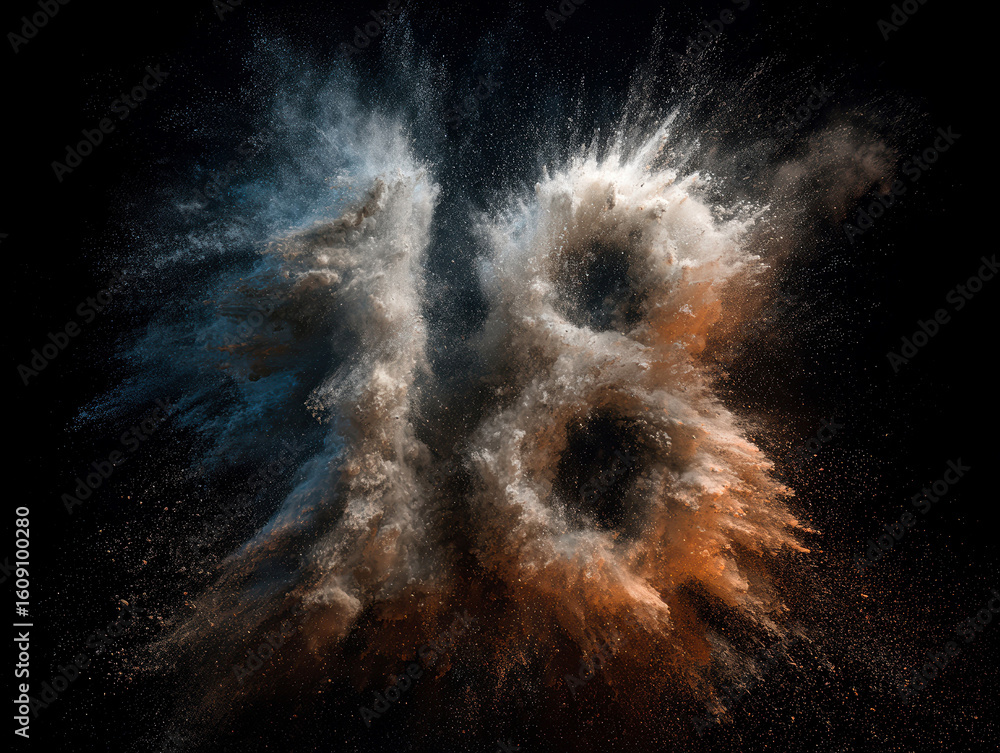 Poster image of a dynamic explosion of vibrant orange and yellow dust against a black background the explos