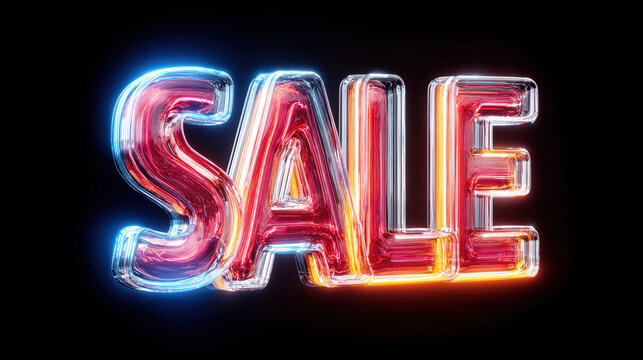 Vibrant SALE letters glowing in neon colors against dark background create eye catching visual perfect for promotions and advertisements. design evokes excitement and urgency