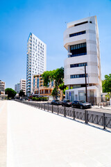 Modern city center with tall buildings in Nicosia, Cyprus.
