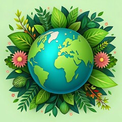 Stylized Earth Surrounded by Green Leaves and Flowers – Environmental Conservation and Nature Harmony Illustration