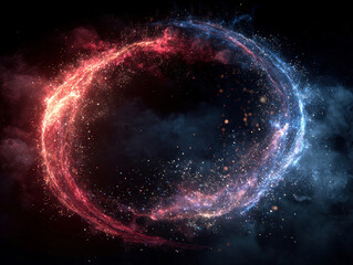 Fototapeta premium Silver beam, circular formation, dual mid-air explosions, flare, dust, black sky, vibrant abstract composition, cool blues, warm reds, central circle of bright red energy or light, swir - AI-Generated