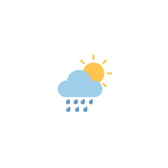 Simple Flat Design Weather Icon Showing a Light Blue Cloud with Falling Raindrops and a Bright Yellow Sun Peeking Out
