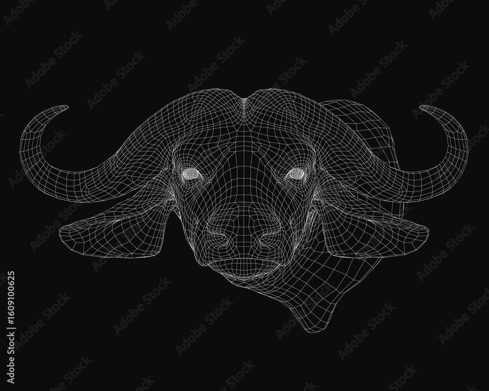 Poster a 3d wireframe buffalo head features intricate lines and geometric shapes on a black background. the