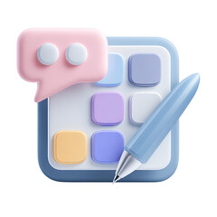Pastel-toned app icon.  A light-blue square represents a tablet or app, with a pastel pink speech bubble, pastel-colored squares, and a light-blue pen