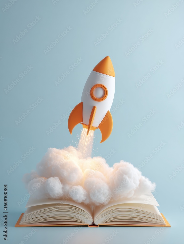 Aufkleber 3d paper rocket soaring out of open notebook against a pastel background with plenty of empty space 