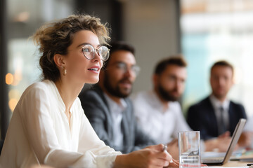 Businesswoman leading corporate meeting with team