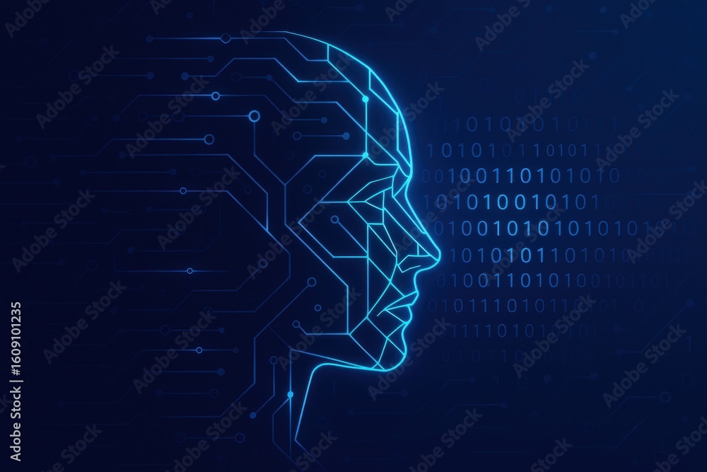 Poster digital human: an eye-catching illustration showcasing a futuristic human face constructed from a ne