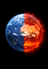 Fototapeta premium Earth's duality: one side thriving, the other consumed by an alarming fiery climate change