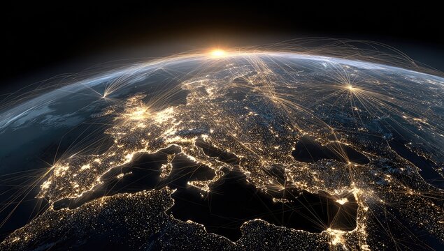 European night.  Sunrise over a continent, lit with city lights, connected by numerous air routes