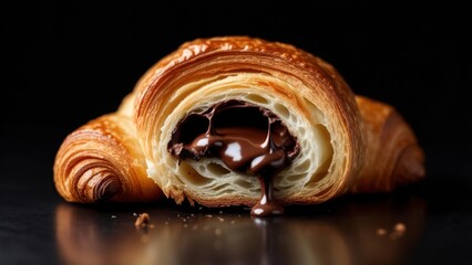 Chocolate-filled croissant, split open, revealing rich, melted chocolate