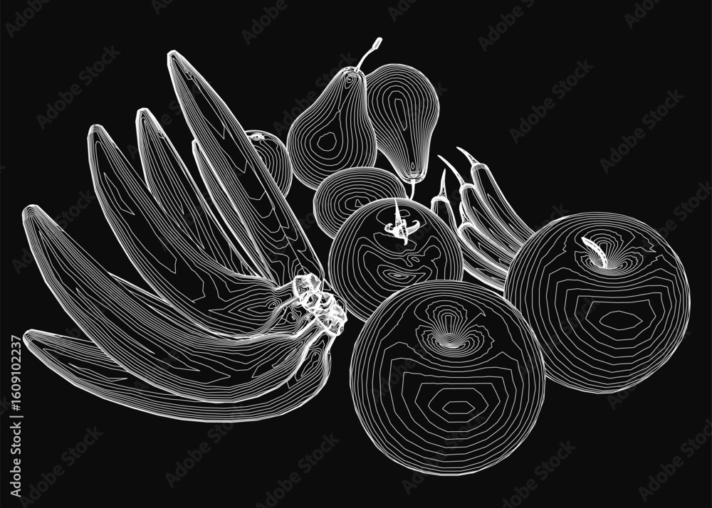 Poster a cluster of black and white fruits arranged in a contour illustration on a deep black background. t
