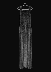A black and white dress hangs on a wireframe hanger against a dark background, showcasing elegant simplicity. The minimalist composition highlights clean lines and contrast.