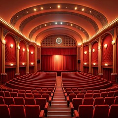 Ornate Theater Hall with Red Seats, Arched Ceiling, and Stage Curtains – Luxurious Interior for Performances and Screenings