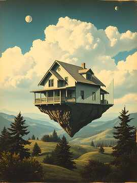mimeograph lithograph Holographic of A surreal scene with a giant, floating house, with statistical graphs representing real estate investment opportunities appearing around the house, symbolizing