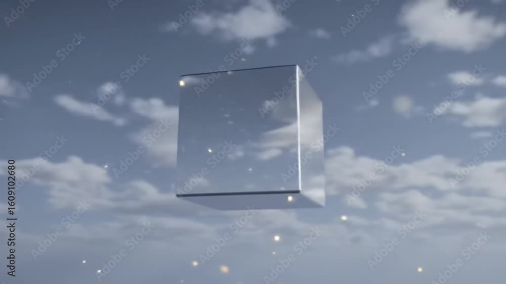 Poster reflective cube floating in dreamy sky with golden particles - abstract motion