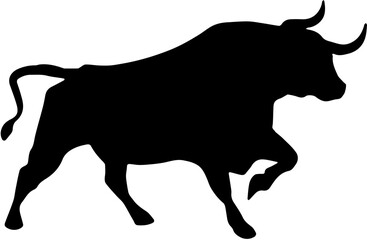 black silhouette of a bull,A vector illustration shows a black silhouette of a bull,Powerful black silhouette of a muscular bull with strong horns, ideal for rodeo, farm, and financial market themes