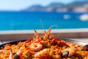 Paella dish with lobster outdoors 