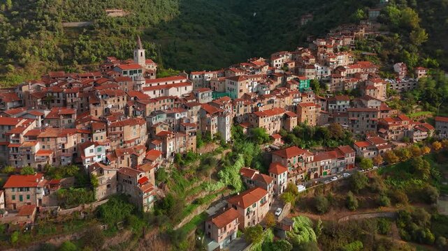 Aerial view of the picturesque hilltop town of Apricale, Liguria, Northern Italy