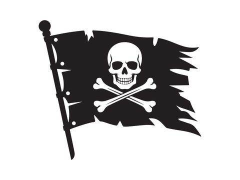 Tattered pirate flag skull and crossbones silhouette vector isolated on white background