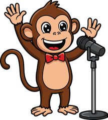 Obraz premium Cute Cartoon Monkey Singing at Microphone – Fun Animal Character Illustration for Entertainment, Kids, Comedy, Talent Show, and Lifestyle Themes