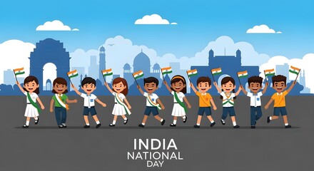 Children Celebrating India National Day in Traditional Clothing Holding Flags in Front of Famous Landmarks