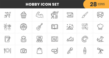  Hobby Icon Set – 28 Minimal Line Icons Featuring Art, Music, Fitness, Travel, Cooking, Gaming, Reading, Sports, Photography, Crafting, and Outdoor Activities – Vector Illustrations for Lifestyle and 